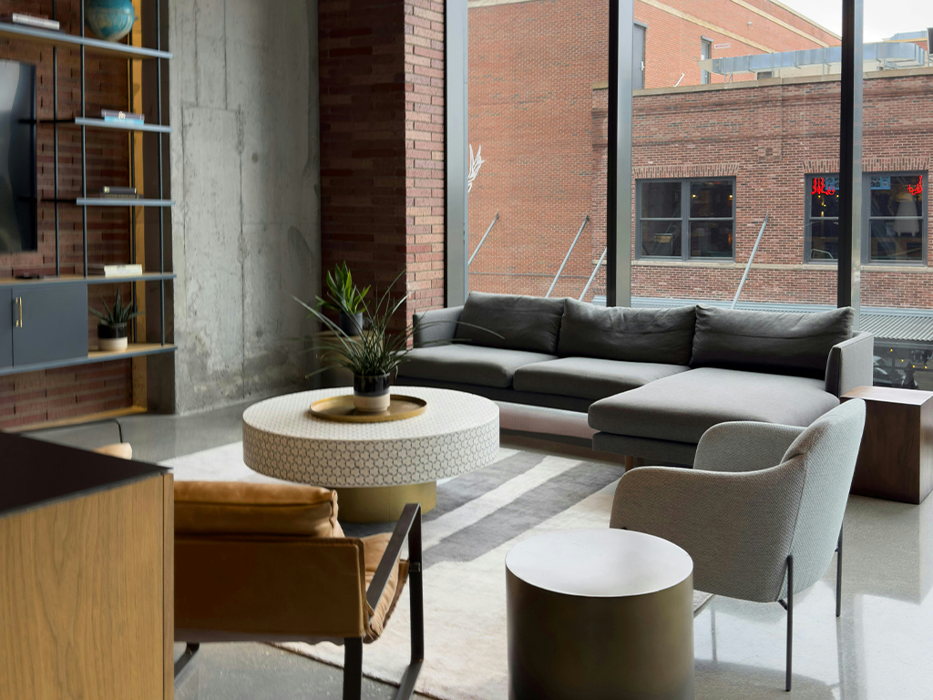 Modern office reception area with visitor seating options