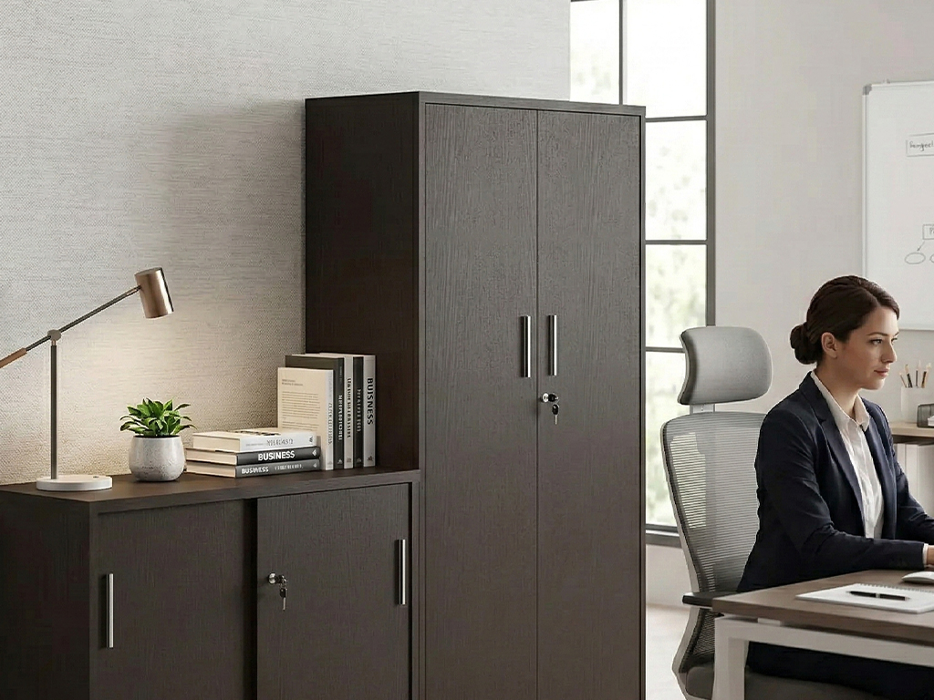 Office scene with Wenge credenza and stationery cupboard, and woman at desk