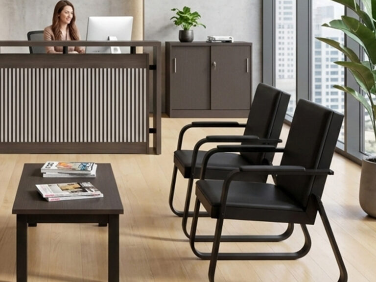 A modern reception area featuring Leader Office Furniture's visitor chairs and reception desk