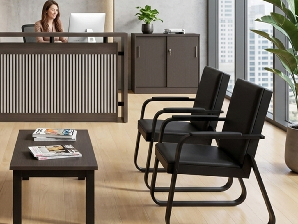 A modern reception area featuring Leader Office Furniture's visitor chairs and reception desk